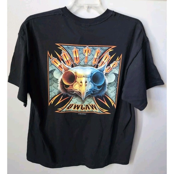 VTG NWT Hooters Owl Skull Graphic Print Black T-Shirt Men's XL Rare - Picture 1 of 16